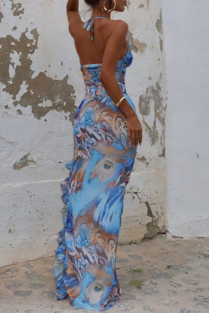 Pattern Print Cinch Waist Frilled Slit Halter Maxi Dresses Blue