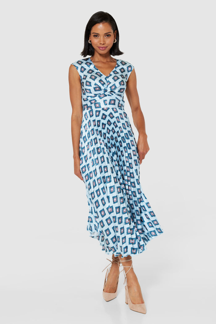 PAULINE V NECK PLEATED MIDI DRESS (BABY BLUE)
