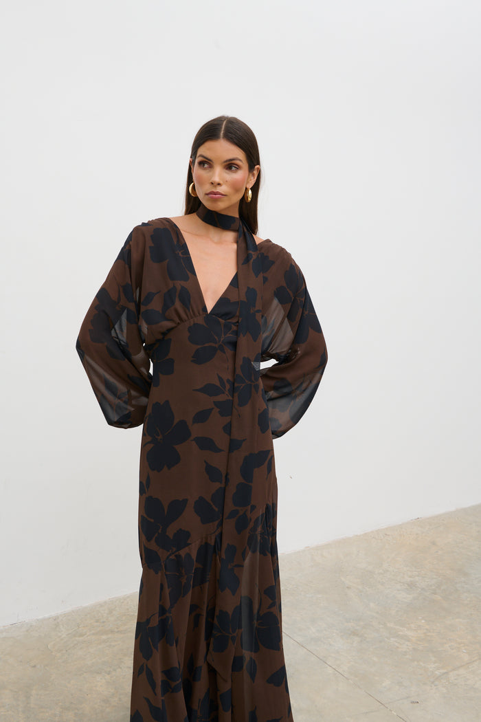 Petula Batwing Scarf Maxi Dress (Brown)