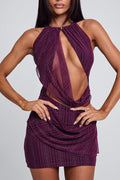 Pinstripe Cutout Halter Top Layered Mini Skirt 2pcs Set-Purple Pre Order