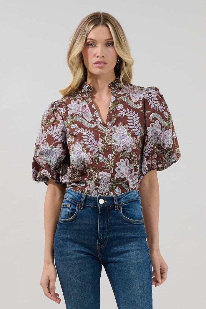 Pipa Bubble Sleeve Top in Brown