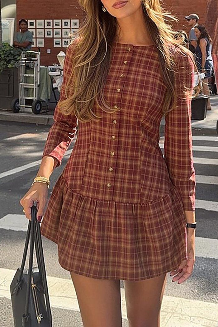 Plaid Print Round Neck Long Sleeve Button Up Cinch Waist Mini Dresses-Red