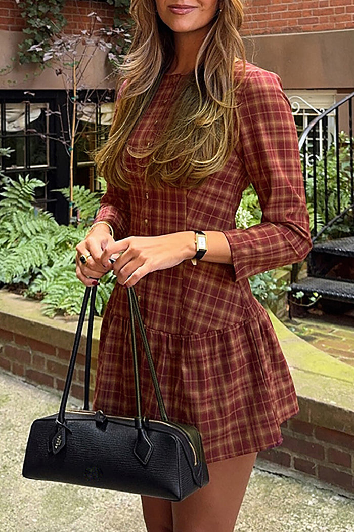 Plaid Print Round Neck Long Sleeve Button Up Cinch Waist Mini Dresses-Red
