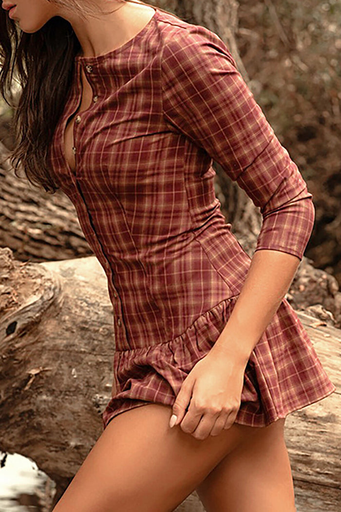 Plaid Print Round Neck Long Sleeve Button Up Cinch Waist Mini Dresses-Red