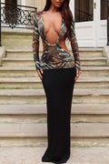 Plunging Neck Open Back Print Mesh Patchwork Maxi Dresses-Black Pre Order