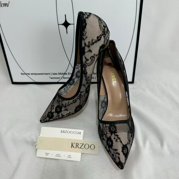 Pointed-Toe Mesh Cutout Lace Flats