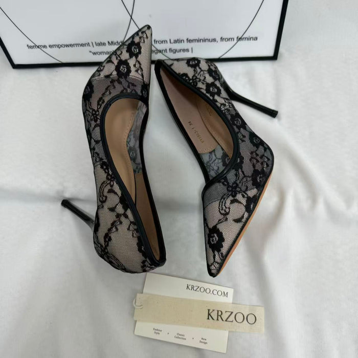 Pointed-Toe Mesh Cutout Lace Flats
