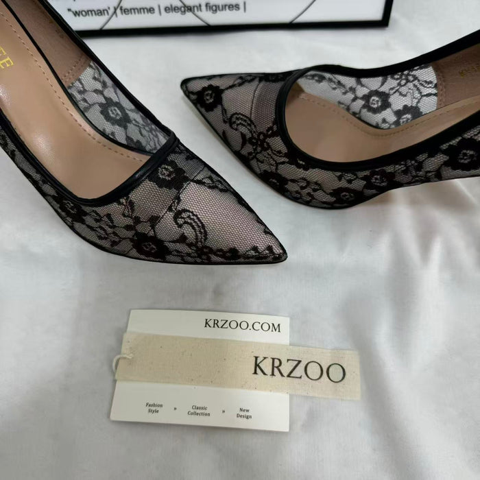 Pointed-Toe Mesh Cutout Lace Flats