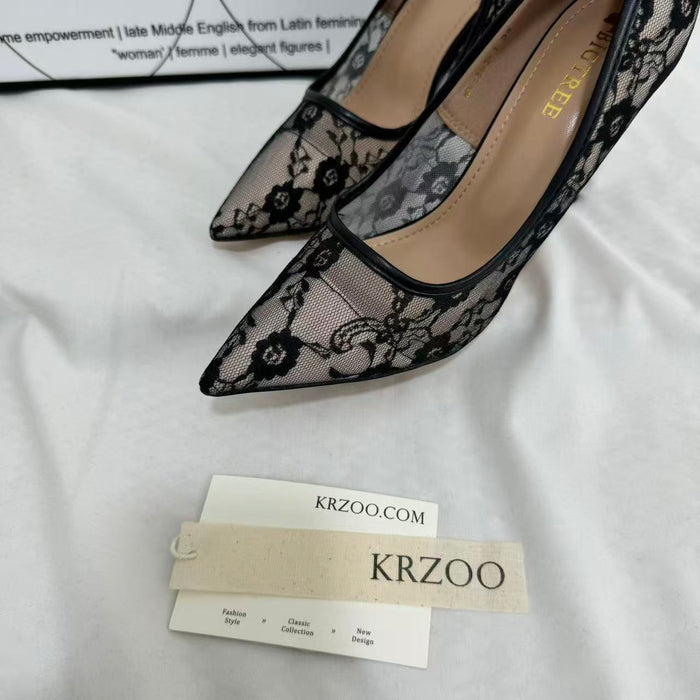 Pointed-Toe Mesh Cutout Lace Flats