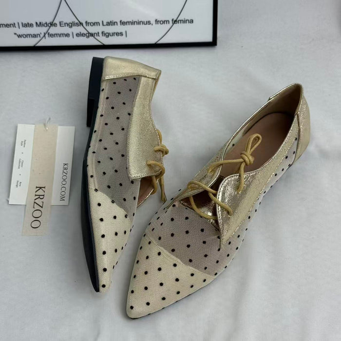 Pointed-toe net fabric lace-up shoes