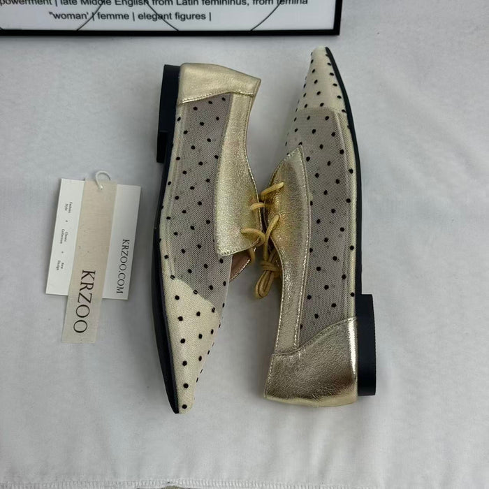Pointed-toe net fabric lace-up shoes