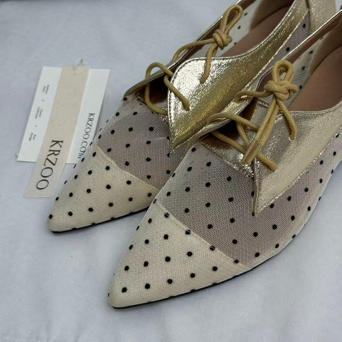 Pointed-toe net fabric lace-up shoes