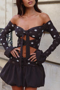 Polka Dot Off Shoulder Sleeve Cutout Bubble Mini Dresses-Black Pre Order