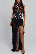 Polka Dot Sleeveless Bodysuit Ruched Mesh Skirt 2pcs Set-Black Pre Order