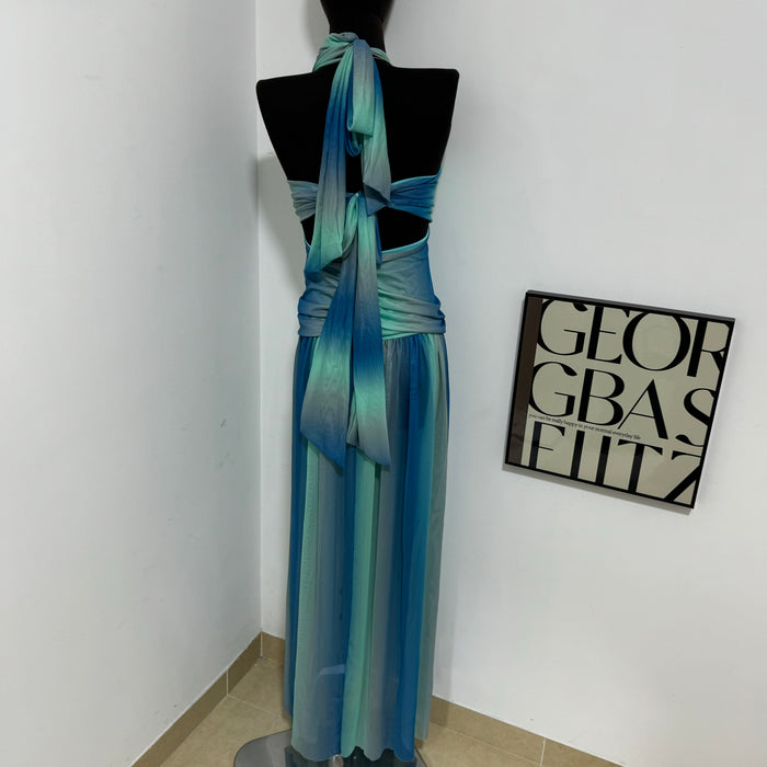 Printed Color-block Backless Strapless Dress