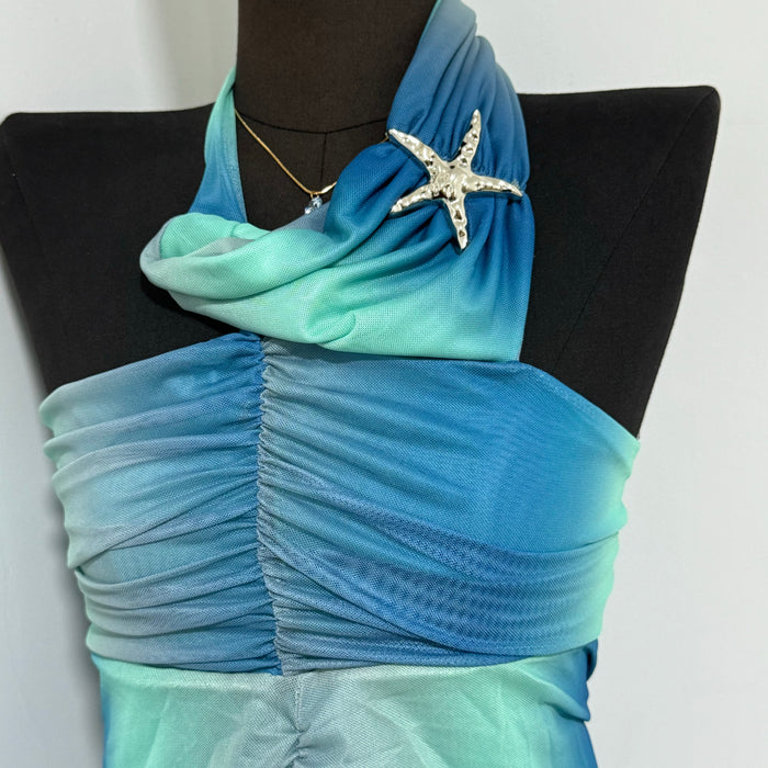 Printed Color-block Backless Strapless Dress