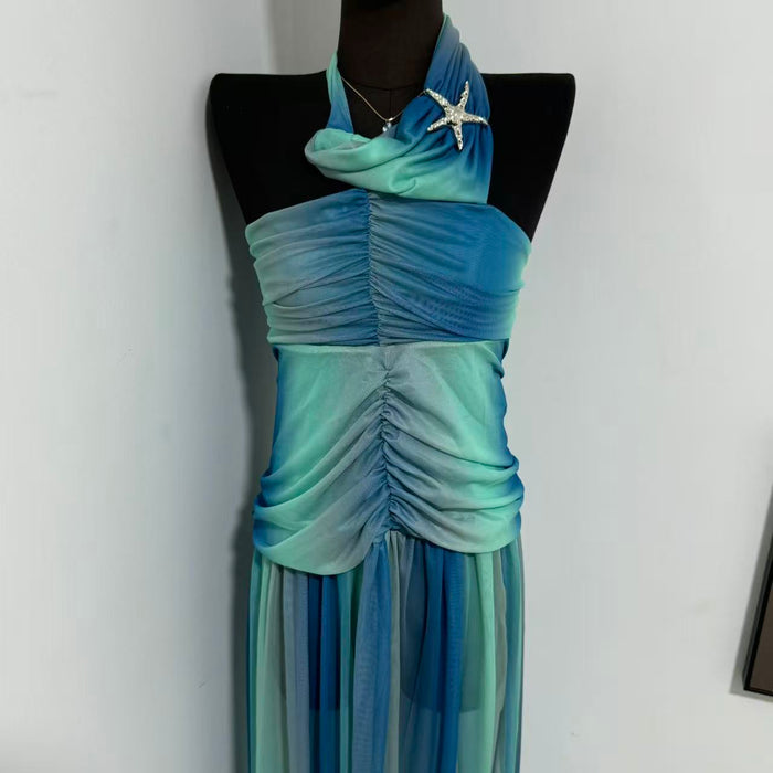 Printed Color-block Backless Strapless Dress