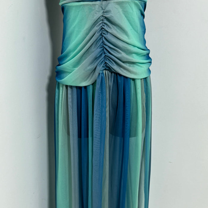 Printed Color-block Backless Strapless Dress