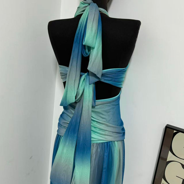 Printed Color-block Backless Strapless Dress