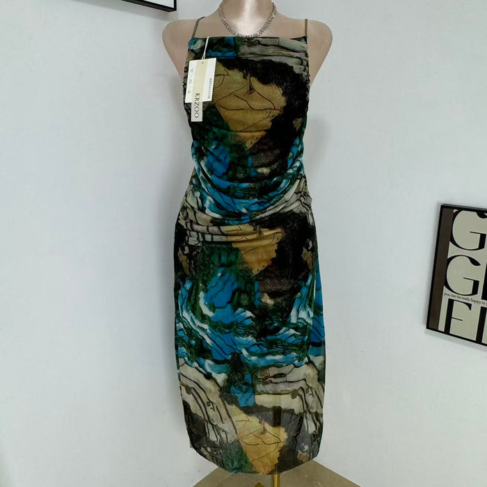 Printed silk net halter top dress