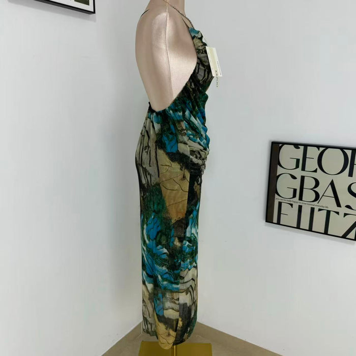 Printed silk net halter top dress