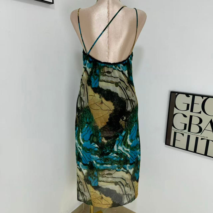 Printed silk net halter top dress