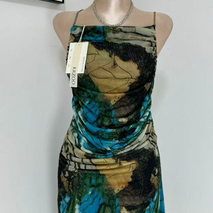Printed silk net halter top dress