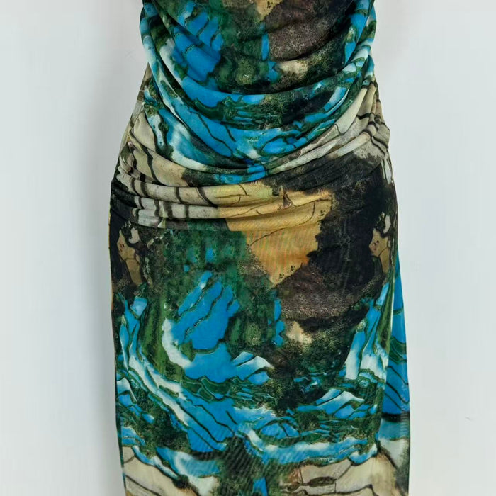 Printed silk net halter top dress