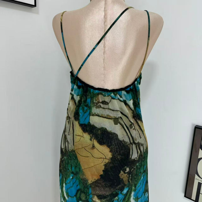 Printed silk net halter top dress