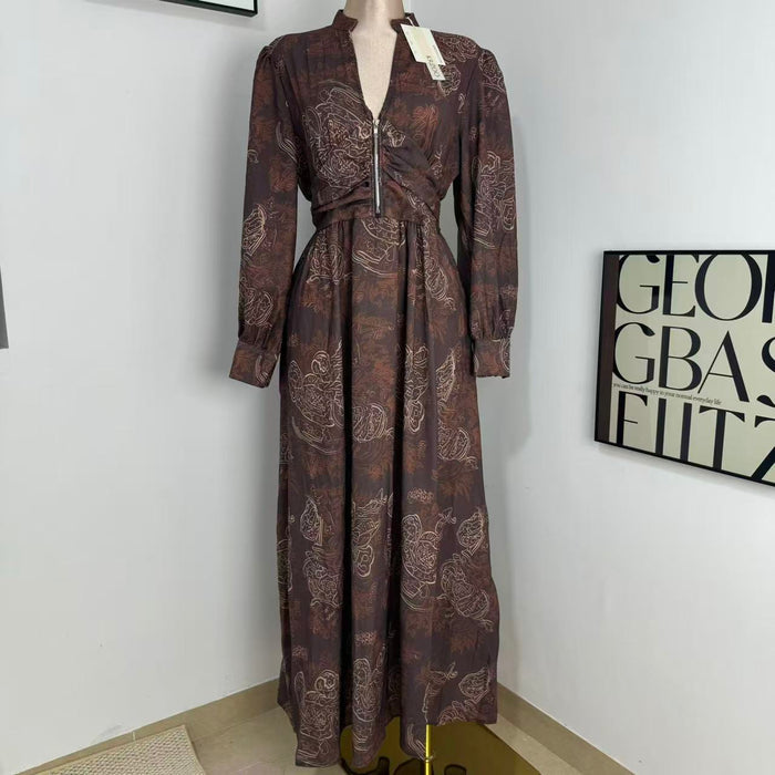 Printed V-Neck Maxi Dress with Puff Sleeves