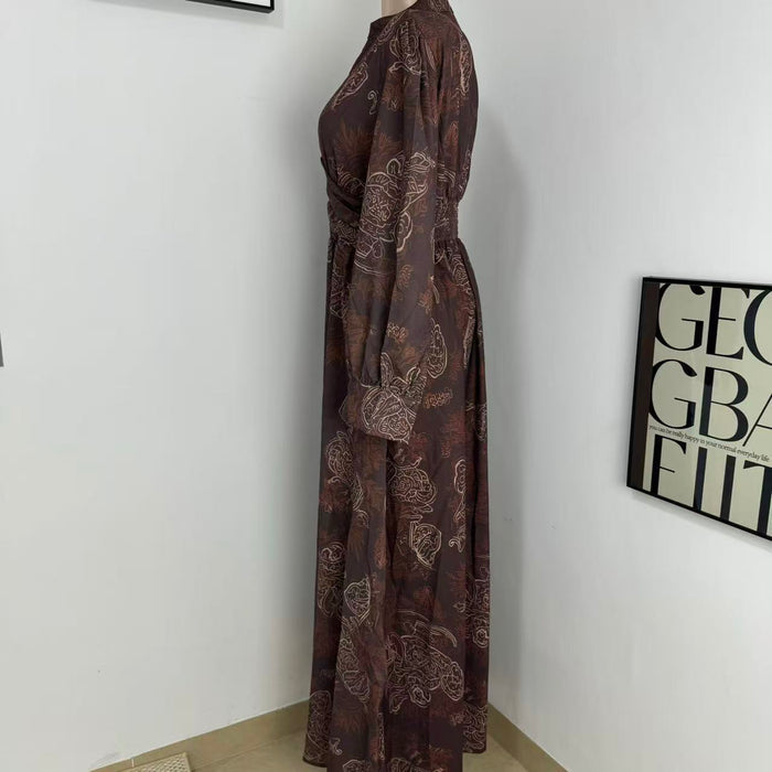 Printed V-Neck Maxi Dress with Puff Sleeves