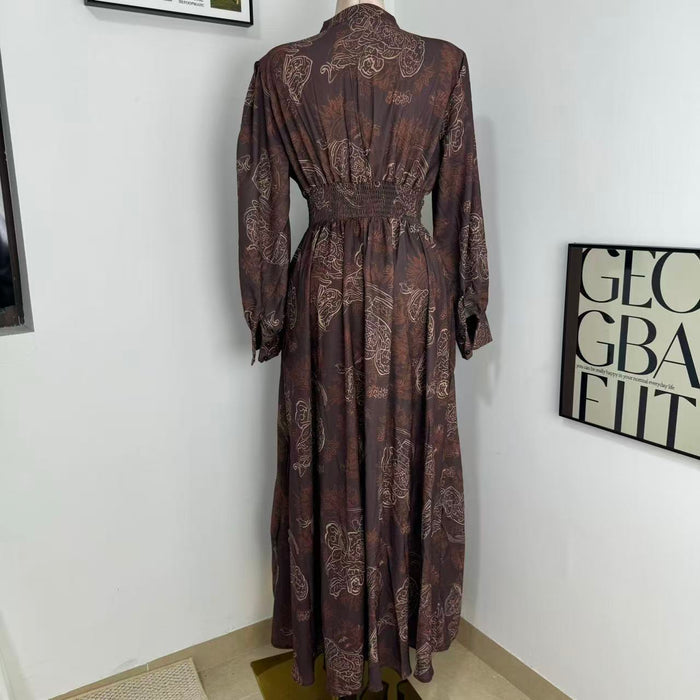Printed V-Neck Maxi Dress with Puff Sleeves