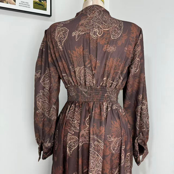 Printed V-Neck Maxi Dress with Puff Sleeves