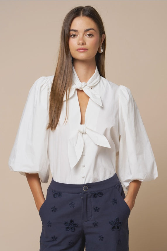 Puff Sleeve Button Down Blouse in White