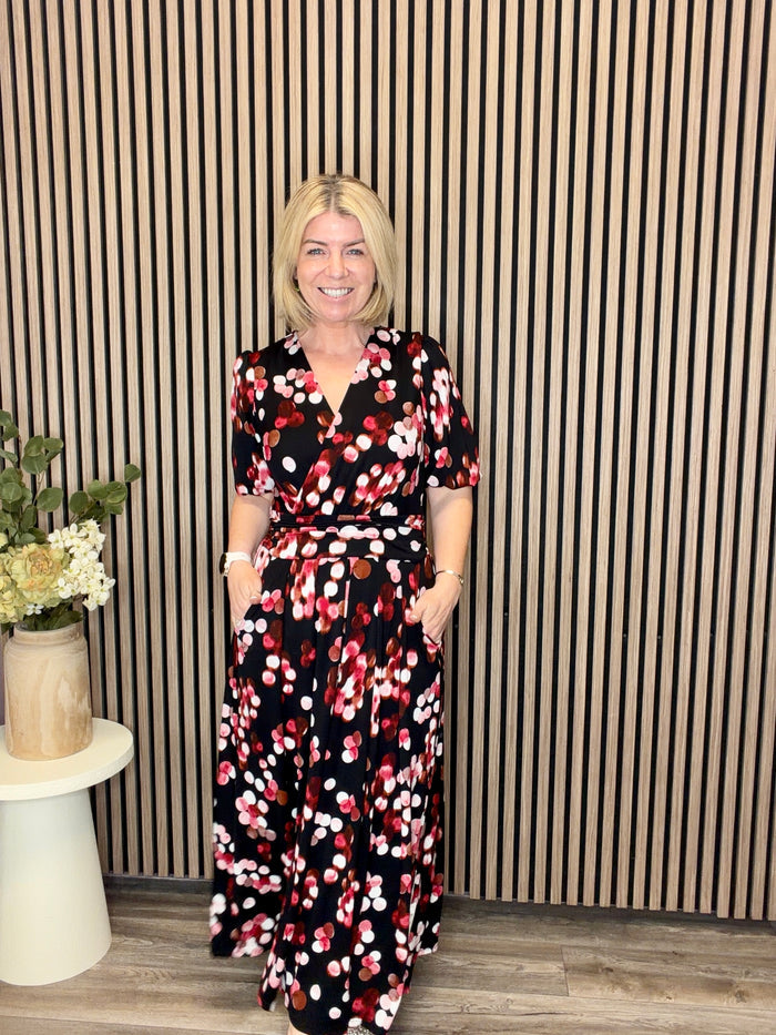 Puff Sleeve Jersey Maxi Dress (Red Spot)