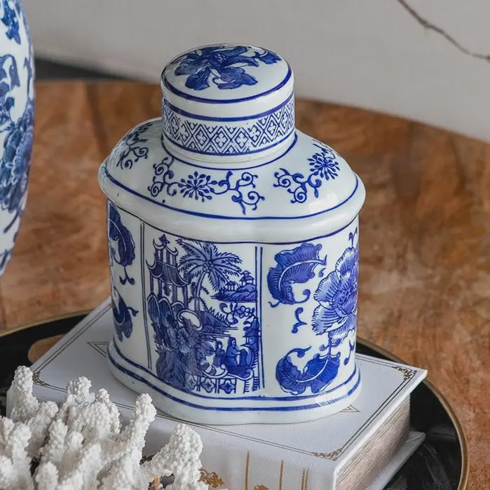 Ren Blue and White Oval Jar with Lid
