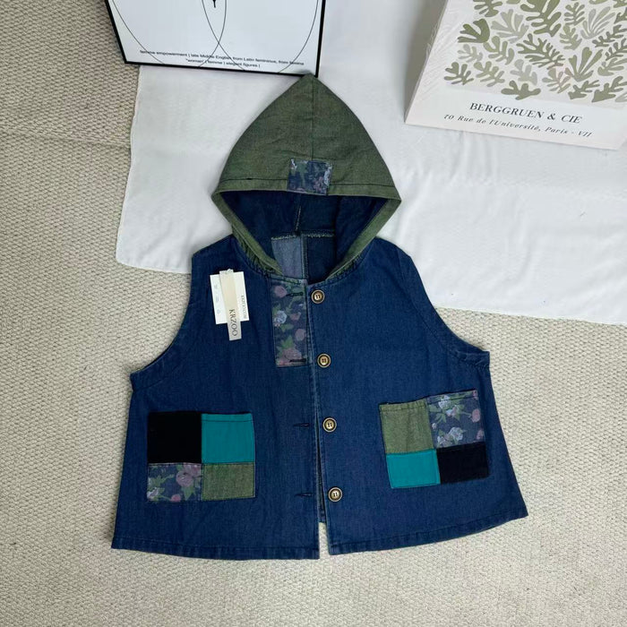 Retro Print Patchwork Denim Vest