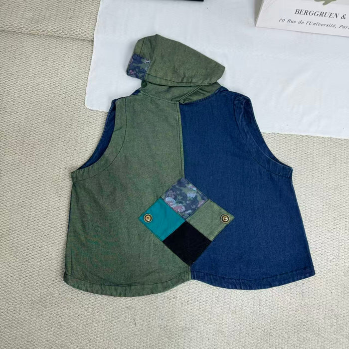 Retro Print Patchwork Denim Vest