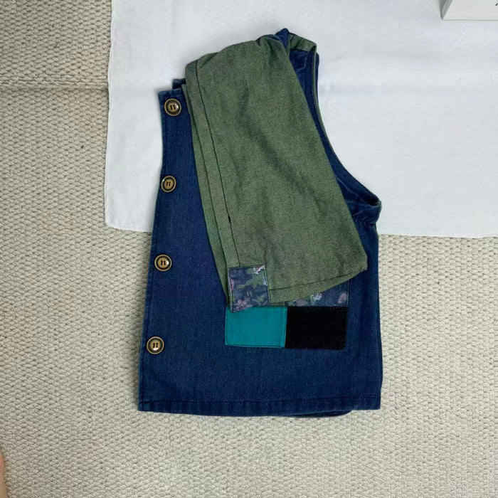 Retro Print Patchwork Denim Vest