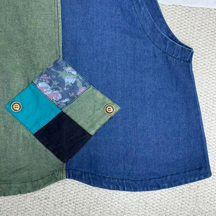 Retro Print Patchwork Denim Vest