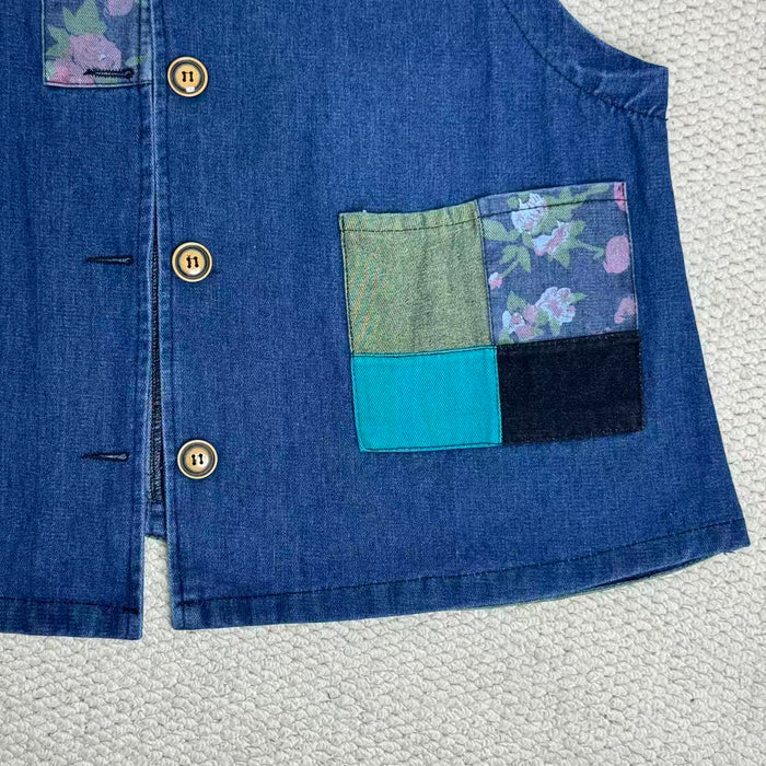 Retro Print Patchwork Denim Vest