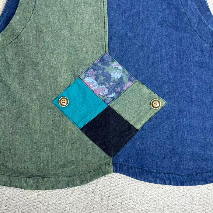 Retro Print Patchwork Denim Vest