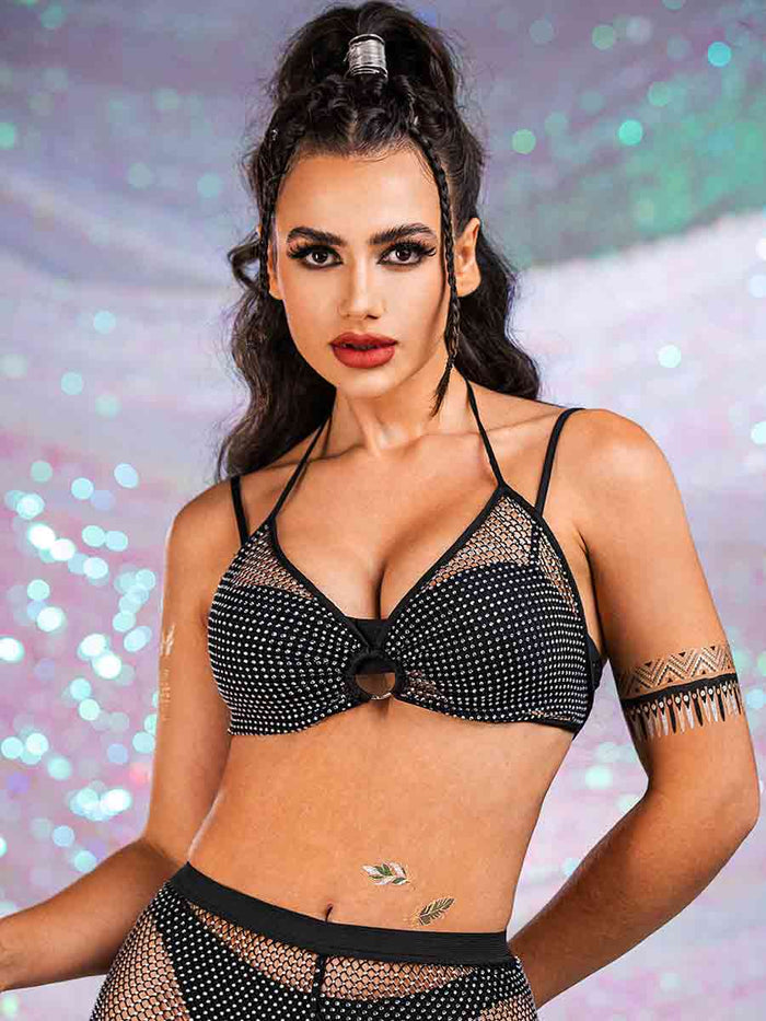 Rhinestone Mesh Bra + Mesh Spliced Lace Flared Pants