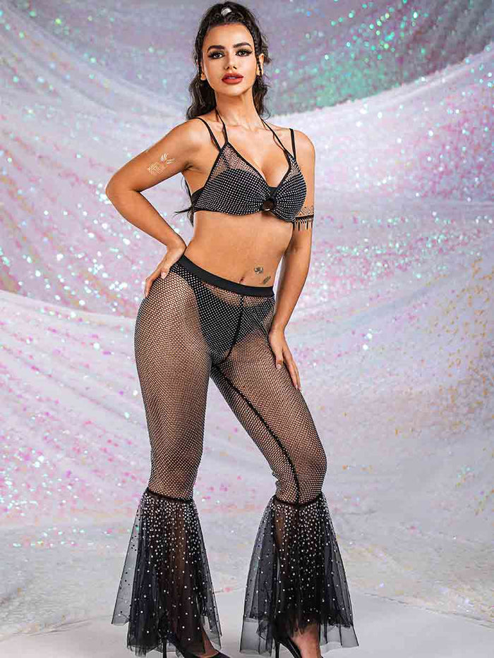 Rhinestone Mesh Bra + Mesh Spliced Lace Flared Pants