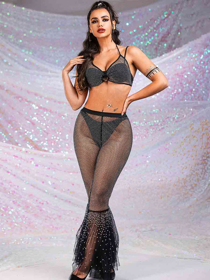 Rhinestone Mesh Bra + Mesh Spliced Lace Flared Pants