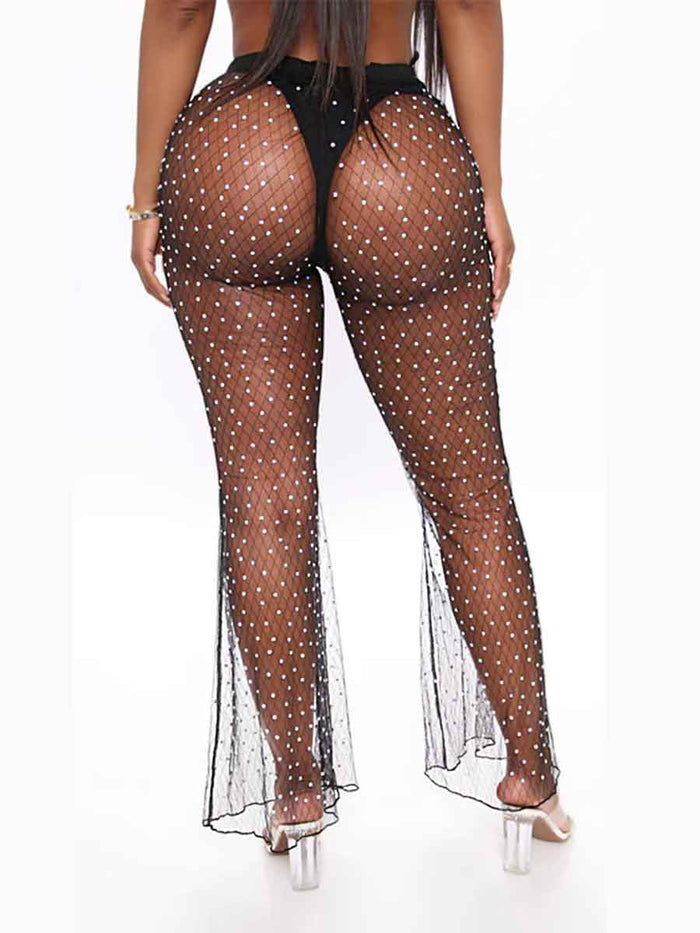 Rhinestone Mesh Cover Pants â€?Flare Crystal Pantsuit