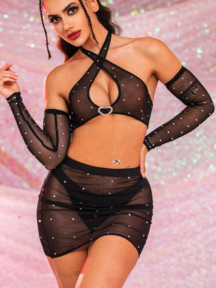 Rhinestone Mesh Set - Sleeves + Halter Bra + Skirt Suit