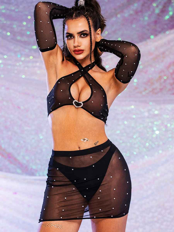 Rhinestone Mesh Set - Sleeves + Halter Bra + Skirt Suit