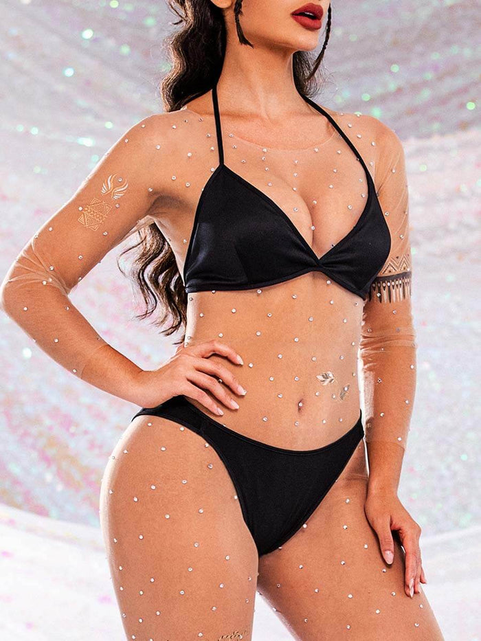 Rhinestone Nude Jumpsuit - Ultra-thin Crew Neck Jumpsuit