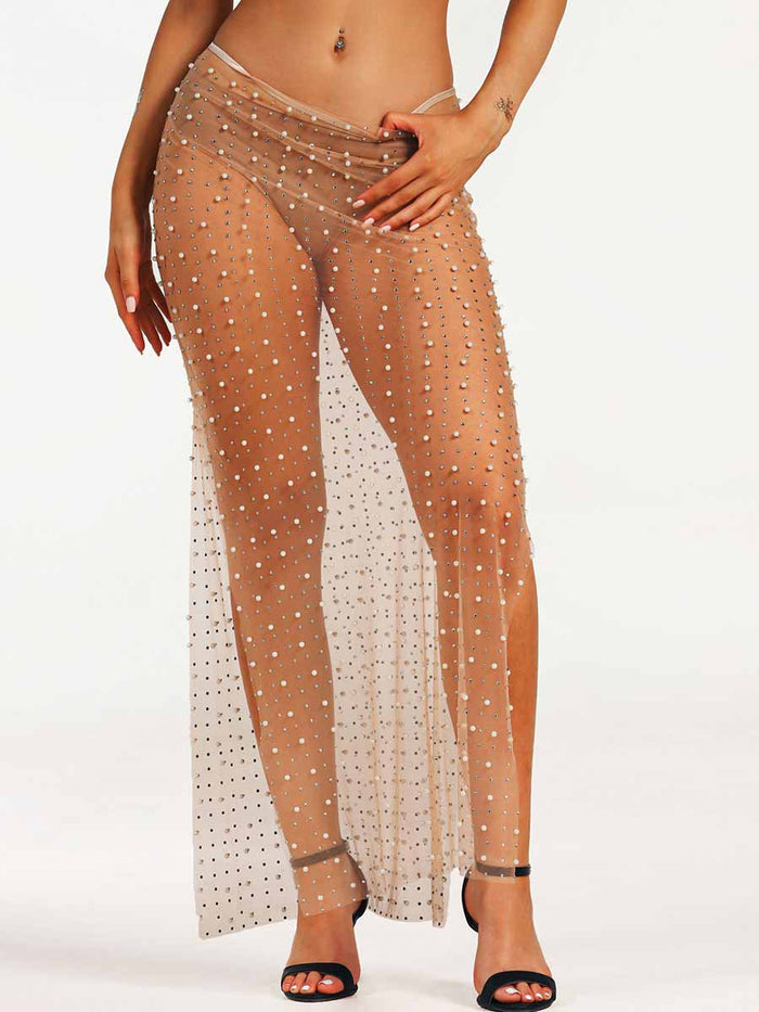 Rhinestone Pearl Sheer Straight Long Skirt